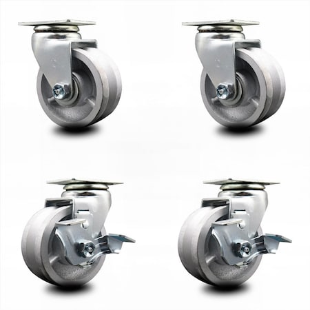 Service Caster 4 Inch V-Groove Semi Steel Swivel Caster Set with Roller Bearings 2 Brakes SCC SCC-20S420-VGR-2-TLB-2